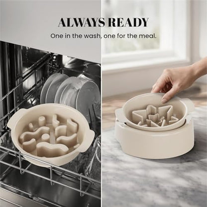 AVERYDAY 3 Pack Slow Feeder Dog Bowl Set, Two Weighted Maze Insert Bowls, Anti-Slip Changeable Puzzle Feeding Bowl for Wet Dry & Raw Dog Food, Slow Eating Deep Pet Food Dish for Medium & Large Breeds - color: Desert Dune