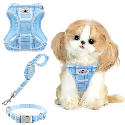 Gyuzh Dog Harness and Leash Set, 3-in-1 Step in No Pull Harness Vest Collar for Small Dogs & Cats, Lightweight Breathable Mesh Reflective Plaid with Padded Handle (Blue, L) - color: Blue, size: L