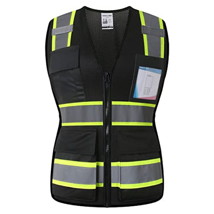 Safety Vest for Women High Visibility Vest with 8 Pockets and Front Zipper Mesh Reflective Vest Meets ANSI/ISEA Standards(Black-17, Medium) - color: Black-17, size: Medium