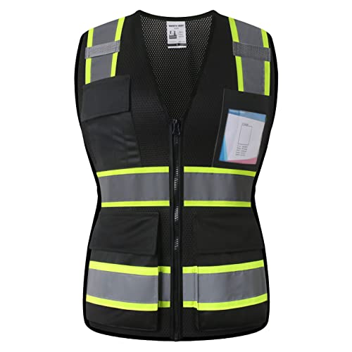 Safety Vest for Women High Visibility Vest with 8 Pockets and Front Zipper Mesh Reflective Vest Meets ANSI/ISEA Standards(Black-17, Medium) - color: Black-17, size: Medium