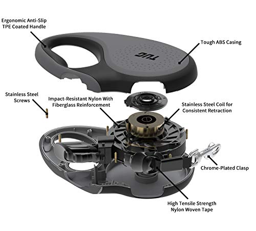TUG 360° Tangle-Free Retractable Dog Leash with Anti-Slip Handle | 16 ft Strong Nylon Tape | One-Handed Brake, Pause, Lock (Small, Grey) - color: Grey, size: Small