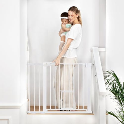 COMOMY Auto Close Baby Gate with Cat Door, 29.5"-40.5" Extra Wide Dog Gate for House Doorways Stairs, Pressure Mounted Easy Walk Thru Pet Gate, Includes 4 Wall Cups and 2 Extension Pieces, White - color: White