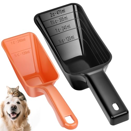 2 Pack Dog Food Scoop with 1 Cup and 2 Cup Capacity, Plastic Pet Food Measuring Scoops with Clear Measurement Lines for Dogs, Cats & More,Dishwasher safe (Orange and Black) - color: Orange and Black