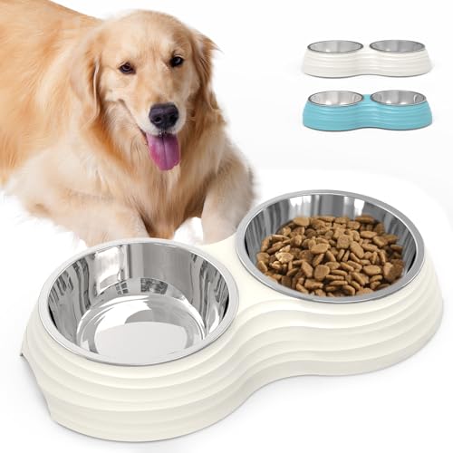 Stainless Steel Dog Bowls Set, Double Food & Water Bowls for Dogs, Dual Dog Food Bowl with 2 Medium (14oz*2) Bowl, Non-Slip Pet Bowls Suitable for Puppies, Cats and Medium Breed Dogs (White) - color: White, size: Medium