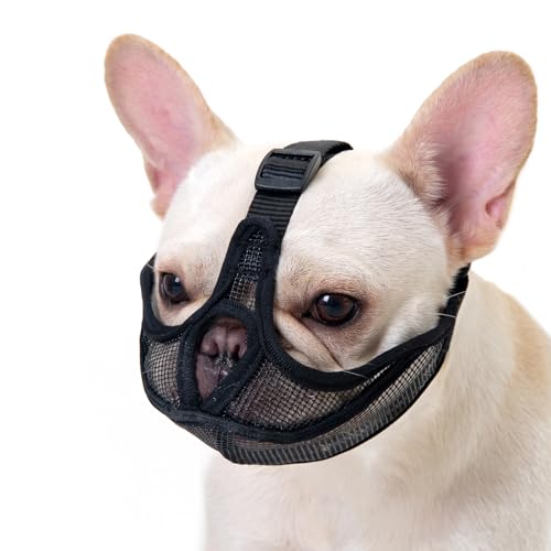 Short Snout Dog Muzzle with Soft Mesh, Breathable Won’t Cover Forehead Bulldog Muzzle, Anti Biting Chewing Barking for Small Medium Large Dogs(L,Black) - size: L