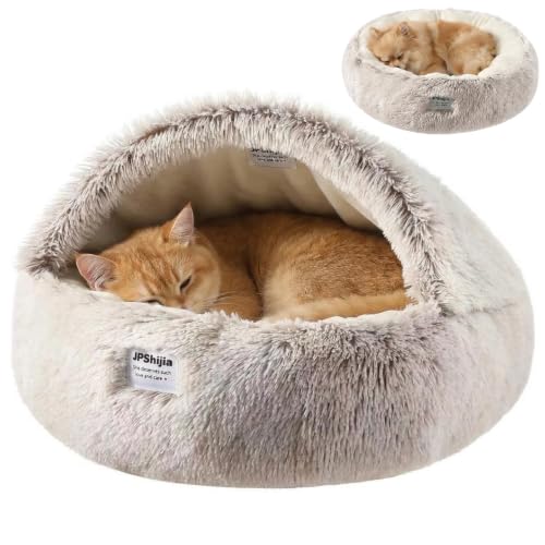 Cozy Zipper Convertible Cat Bed Cave, 2 in 1 Round Plush Donut Dog Bed with Removable Hood, Warm Fuzzy Enclosed Pet Nest Bed for Small Dogs Kittens, Machine Washable (Brown, 19.7 in Small Size) - color: Brown, size: 19.7 in Small Size