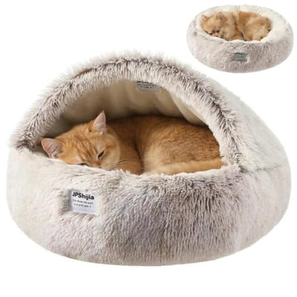 Cozy Zipper Convertible Cat Bed Cave, 2 in 1 Round Plush Donut Dog Bed with Removable Hood, Warm Fuzzy Enclosed Pet Nest Bed for Small Dogs Kittens, Machine Washable (Brown, 19.7 in Small Size) - color: Brown, size: 19.7 in Small Size
