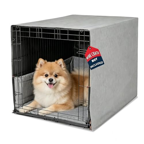 Calming Open Front Dog Crate Cover 24" Wire Crate, 3-Piece Water-Resistant Set with Mat & Bumper Pad, Breathable Oxford, Blocks Light, Machine Washable, Anxiety Relief Den for Home & Travel, Gray - size: 24-Inch