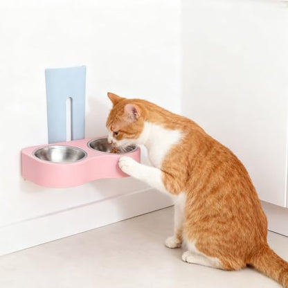 Yunseity Wall Mounted Pet Feeding Bowl, Stainless Steel Adjustable Height Double Bowls, Wall Pet Dish Feeding Station for Dog Cat Small Puppy (Blue and Pink) - color: Blue and Pink
