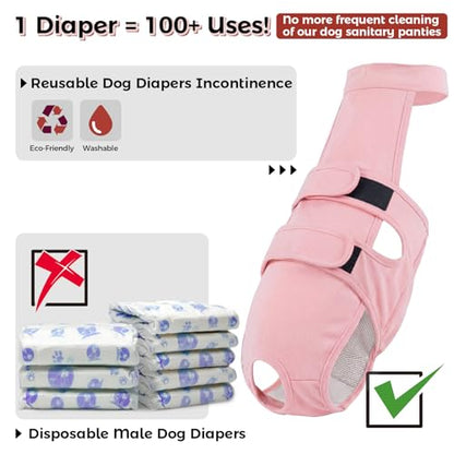 QBLEEV Dog Diapers with Suspenders, Female Escape-Proof Full Body Dog Period Diapers Overalls, Reusable Washable Sanitary Panties for Heat Cycle & Incontinence, Doggie Underwear Onesie with Tail Hole - color: Pink, size: M（Back Length:13.4"）