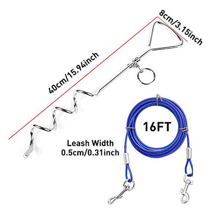 EvilplanDog Tie Out Cable and Stake, 16ft Outside Dog Leash&Chain for Camping and Yard, 16'' Heavy Duty Anti Rust Spiral Stake for Medium-Large Dogs Up to 125 lbs