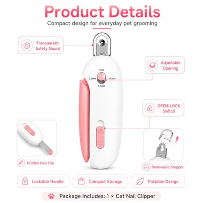Wanheart Cat Nail Clipper, 4-Size Safety Guide, Catcher & File (Pink) | 4-size safety guide, nail catcher, curved steel blade, hidden file, lockable non-slip handle, pink - color: Pink