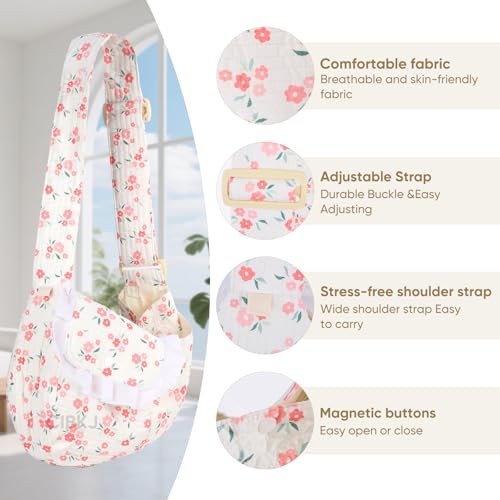 Dog Slings for Small Dogs,Small Dog Carrier Sling,Adjustable Strap Hand Free Dog Carrier Cat Sling for Outdoor Traveling Subway (Red Flower)