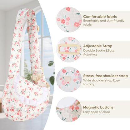 Dog Slings for Small Dogs,Small Dog Carrier Sling,Adjustable Strap Hand Free Dog Carrier Cat Sling for Outdoor Traveling Subway (Red Flower)