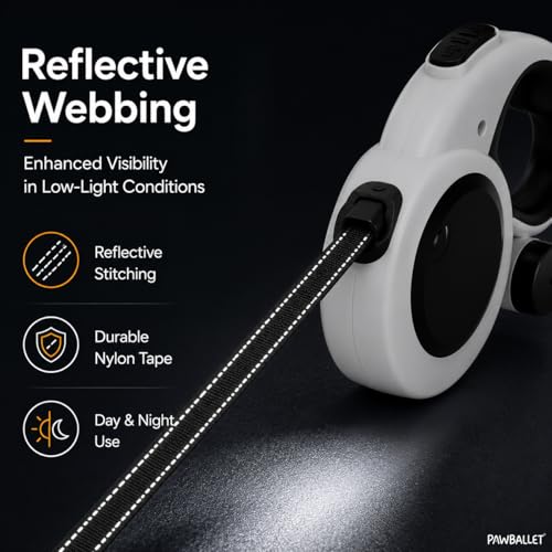 Paw Ballet Retractable Dog Leash with USB Rechargeable LED Light, Reflective Tape, One-Button Brake & Lock, Smooth Retraction System, Comfortable Non-Slip Handle for Small and Medium Dogs