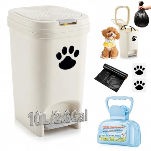 Hushee 10L/2.6Gal Dog Poop Trash Can Outdoor Set, Pedal Garbage Can with Lid, Blue Pooper Scooper, Black Paw Stickers and 30 Waste Bags for Small, Medium and Large Dogs Poop Disposal Kit