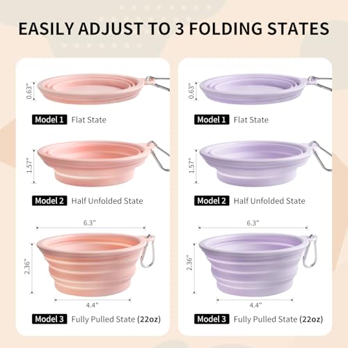 Collapsible Dog Bowls 2-Pack, Portable Travel Dog Bowl with Carabiner, Food-Grade Silicone Pet Bowl for Hiking, Walking (22 OZ Macaron Pink and Violet) - color: 22 OZ Macaron Pink and Violet
