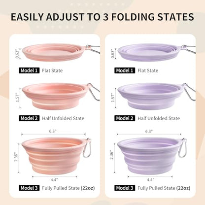 Collapsible Dog Bowls 2-Pack, Portable Travel Dog Bowl with Carabiner, Food-Grade Silicone Pet Bowl for Hiking, Walking (22 OZ Macaron Pink and Violet) - color: 22 OZ Macaron Pink and Violet