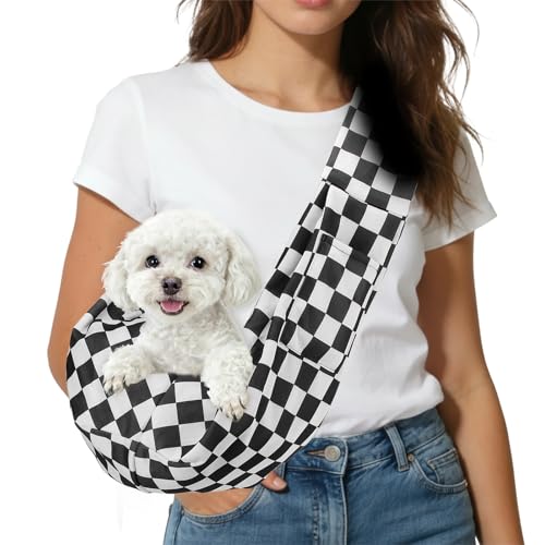 Dog Sling Carrier for Small Dogs and Cats Up to 16.5 Lbs, Breathable Texture with Pocket Pet Cross Body Shoulder Bag, (Black White Grid, 1 Pcs) Intended for Outdoor Travel/Camp - color: Black White Grid