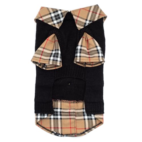 THE WORTHY DOG Two-Fer Cardigan Dog Sweater – Warm Pullover Dog Clothes with Plaid Collar, Faux Buttons & High-Cut Belly - Black/Beige, Small - color: Two-Fer - Black/Beige, size: Small