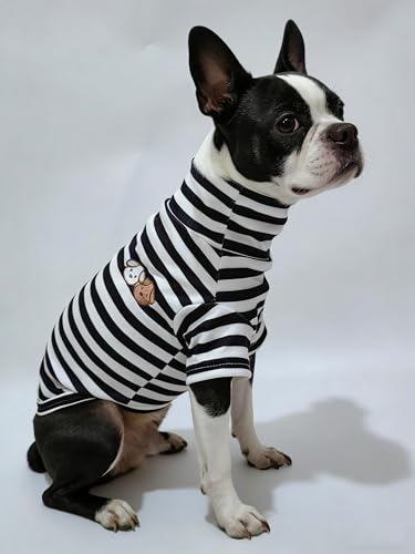 Turtleneck Dog Shirt Cute Doggie Embroidery Super Soft Dog Sweatshirt Stretchy Striped Puppy Pullover for Cats Small Medium Large Dogs (Black Striped, Large) - color: Black Striped, size: Large