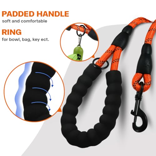 Rope Dog Leash with Comfortable Padded Handle, Highly Reflective Threads Leash for Medium Large Dogs (Orange,3/8" x 6.5 FT)