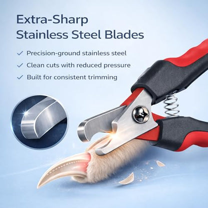 Dog & Cat Nail Clippers & Trimmers - Extra Sharp Dog Clippers with Stainless Steel Blades & Safety Guard to Avoid Overcutting - Ergonomic Cat Nail Clippers with Non-Slip Grip & Lock Feature - color: Red