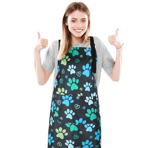 Dog Grooming Waterproof Apron with 2 Pockets, Cute Animals Puppy Dog Pets Apron - style: Green Dog Paw