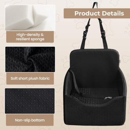 Dog Car Seat for Small/Medium Dogs Up to 35 lbs, 5in Booster Car Seat Cushion, Fully Detachable and Washable, with Safety Belt and Anti-Slip Base, Black - color: Black