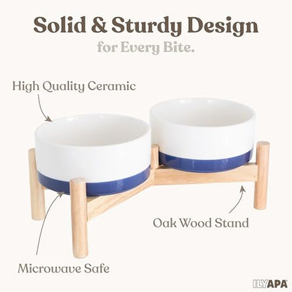 Ilyapa Ceramic Dog Bowls - Elevated for Medium Sized Pet with Raised Food and Water Set - Blue Double 6 inch, 28 Oz Bowls & 13x6.3x5.5 Wooden Stand - color: Blue