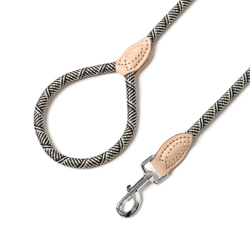 Mile High Life Dog Leash, Rope Leash with Genuine Leather Connection and Heavy Duty Metal Clasp, Great for Small Medium Large Dogs(Black Beige,48 Inch) - color: Rope Handle-Black Beige, size: 48 Inch-1/2"