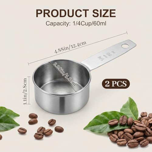 2 Pcs 1/4 Cup Scoop, 60ml 2oz Stainless Steel Measuring Cup Single Metal Dog Cat Food Scoop Coffee Measuring Cups Measure Cups for Cooking, Baking, Kitchen, Wet and Dry Ingredients, Dishwasher Safe