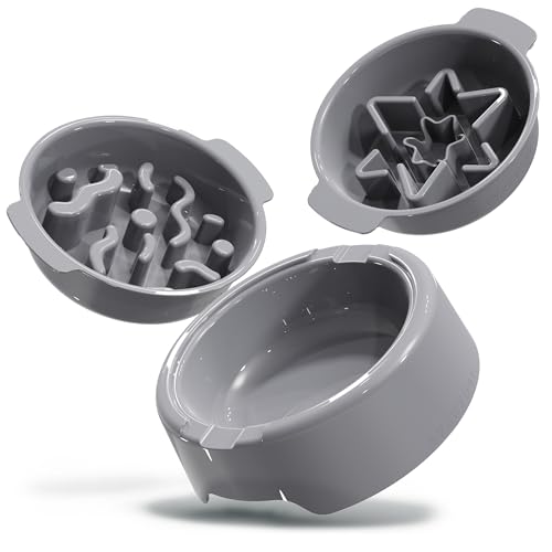AVERYDAY 3 Pack Slow Feeder Dog Bowl Set, Two Weighted Maze Insert Bowls, Anti-Slip Changeable Puzzle Feeding Bowl for Wet Dry & Raw Dog Food, Slow Eating Deep Pet Food Dish for Medium & Large Breeds - color: Serene Slate
