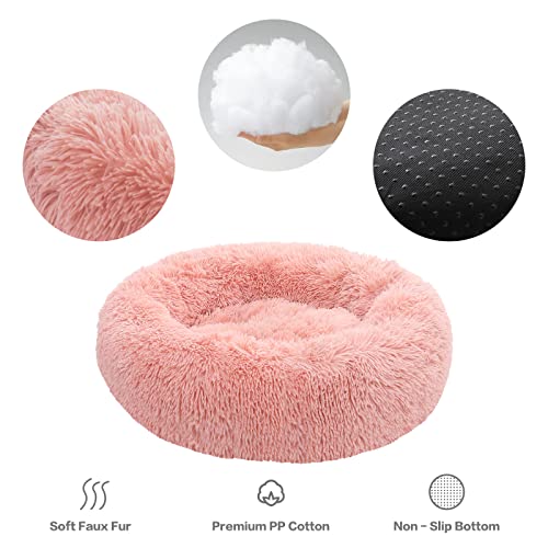 NOYAL Calming Donut Dog Bed for Small to Medium Dogs & Cats - Plush Faux Fur Anti-Anxiety Pet Bed with Machine Washable Cover & Non-Slip Base - color: Pink, size: Large 27.5''