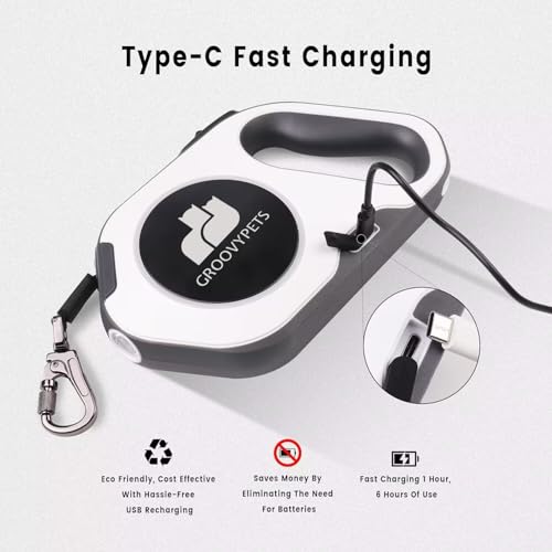 Rechargable Super Bright LED Flashlight Color Streamer Ring Anti-Tangle Retractable Sturdy Nylon Dog Leash, 16-ft Long, 3/8-in Wide (White) - color: WHITE