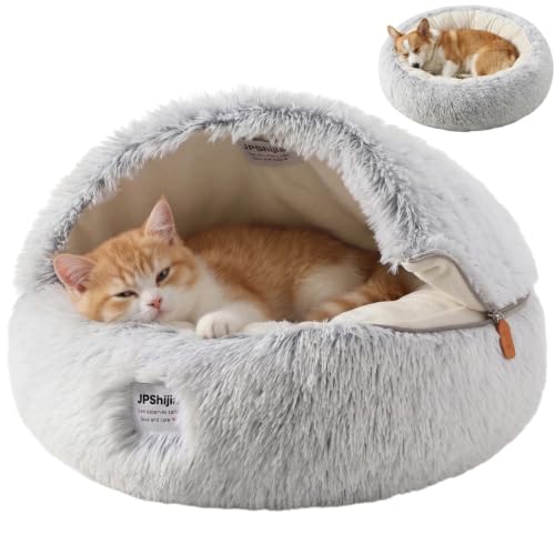 Cozy Zipper Convertible Cat Bed Cave, 2 in 1 Round Plush Donut Dog Bed with Removable Hood, Warm Fuzzy Enclosed Pet Nest Bed for Small Dogs Kittens, Machine Washable (Grey, 23.6 in Medium Size) - color: Grey, size: 23.6 in Medium Size