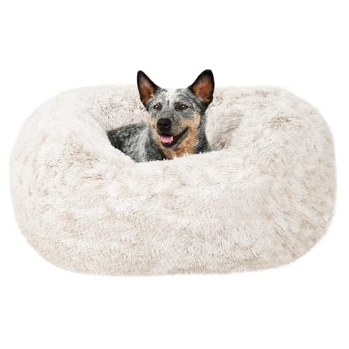 FurHaven 30" Round Calming Donut Dog Bed for Medium/Small Dogs, Refillable w/Removable Washable Cover, for Dogs Up to 45 lbs - Shaggy Plush Long Faux Fur Donut Bed - Driftwood Brown, Medium - color: Driftwood, size: Medium