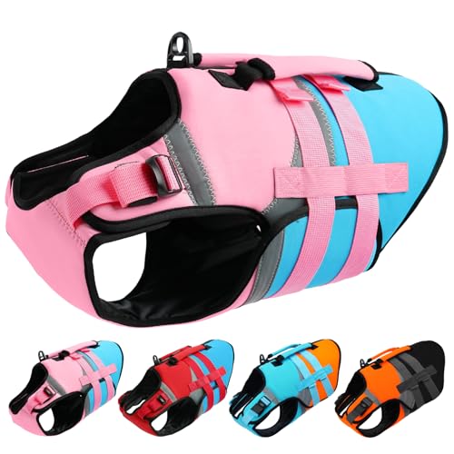 Kuoser Dog Life Jacket with Rescue Handle, High Flotation Dogs Swim Vest with Reflective Strips,Adjustable Dog Life Vest for Swimming, Boating, Pool&Beach, Doggy Lifejacket for Small Medium Large Dogs - color: Pink & Aqua Blue, size: Large (Chest Girth:22