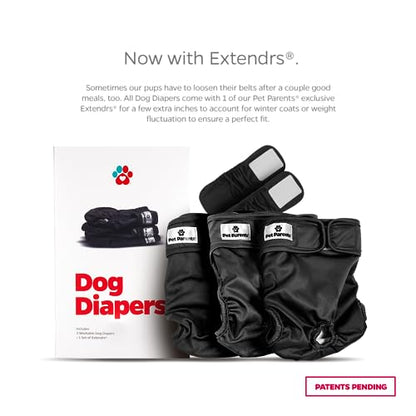 Pet Parents® Washable Dog Diapers (3pack) + Extendrs® of Durable Doggie Diapers, Premium Dog Diapers Female & Male (Small, Black) - size: Small (9-15")