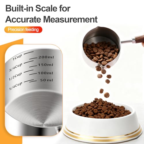 Dog-Cat Food Scoop 1 Cup – 304 Stainless Steel Measuring Cup with Long Walnut Handle, Precise Scale for Pet Food, Easy to Clean & Durable Metal Scoop for Dogs, Cats, and Kitchen Use