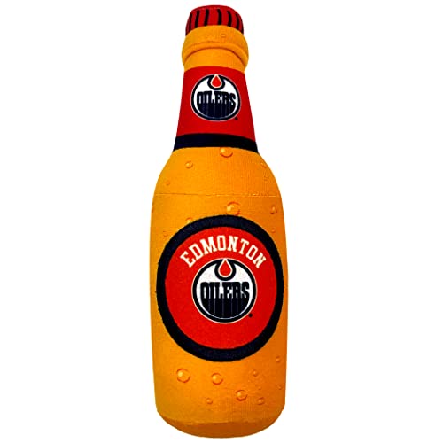 Pets First NHL Edmonton Oilers Beer Bottle Plush Dog & Cat Toy- Cutest Stadium SODA Bottle Snack Plush Toy for Dogs & Cats with Inner Squeaker & Beautiful Hockey Team/Logo - color: Edmonton Oilers, style: NHL Beer Bottle Toy