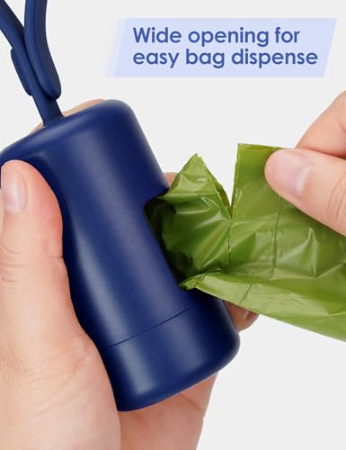 Gobeigo Dog Poop Bag Holder【Convenient Hook for Used Bags】【Silicone Strap Fits Any Leash】【Large Opening for Easy Dispensing】with 1 Roll Waste Bags (Blue) - color: Blue