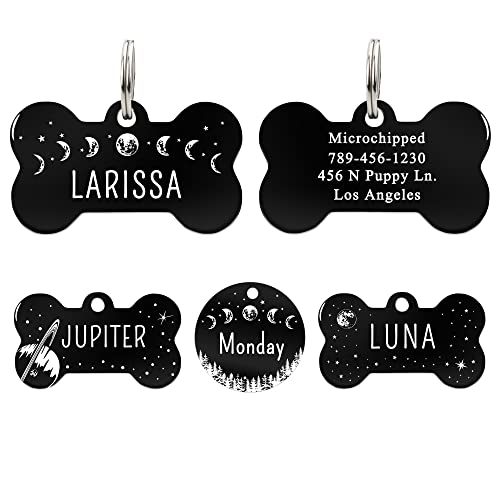 UltraJoys Stainless Steel Pet ID Tag Dog Name Tags Personalized Front and Back Engraving, Customized Dog Tags and Cat Tags, Optional Engraved on Both Sides, Bone Tag with Lunar Phases Design, Small - color: Bone-lunar Phases, size: Small
