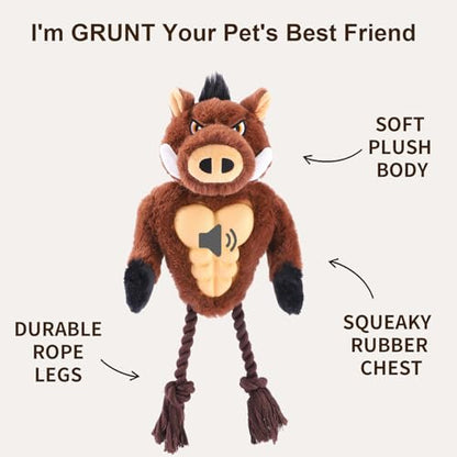 Boar Rope & Plush Dog Toy with Squeaker, Interactive Tug Toy for Medium to Large Dogs, Multi-Texture Toy for Tug, Toss & Supervised Play - color: Brown