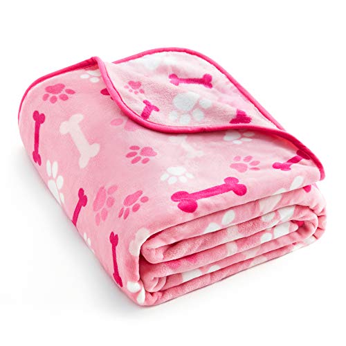 Allisandro Luxurious Dog Blanket, 350 GSM Super Fuzzy Microplush Fleece Pet Blankets for Small Medium Large Dogs and Cats, Pink Paw and Bone, 40" x 32" - color: Pink Paw and Bone, size: 40" x 32"