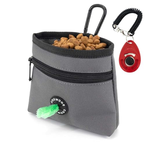 Dog Treat Pouch with Pet Training Clicker, Detachable Dog Puppy Training Treat Bag, 900D Oxford Cloth Magnetic Closure Small Dog Poop Bag Holder for Travel or Outdoor Use - color: Grey