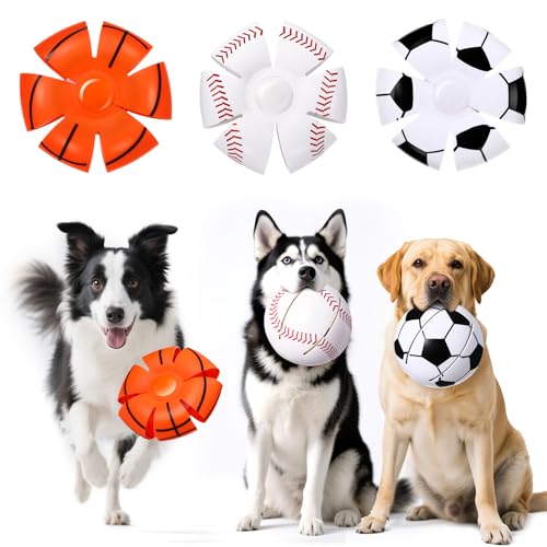Abbylike 3 Pcs Doggy Disc Balls, Chewable Foldable Pet Toy Flying Saucer Ball with Baseball Soccer Basketball Design, Throw Dog Flying Disc Magic Toy for Outdoor Game