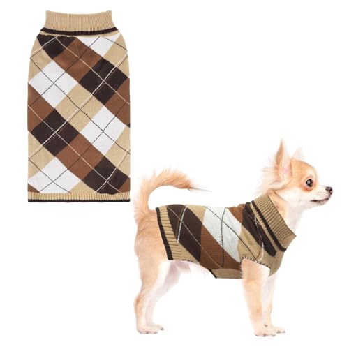KOOLTAIL Dog Sweater Pet Knitted Clothes - Classic Plaid Pullover Turtleneck Thick Warm Fall Dog Sweaters with Leash Hole, Soft Winter Coats for Small Medium Large Dogs Cats Puppy Girls Boys, S - color: Khaki, size: Small