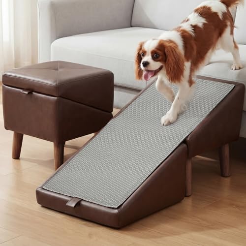 Dog Ramp for Couch, Wooden 15.5" H Dog Stairs for Small/Medium-Sized Dogs and Cats, Washable Non-Slip Silicone Surface pet Ramp,Foldable 2-in-1 Split Ottoman Design - color: Brown