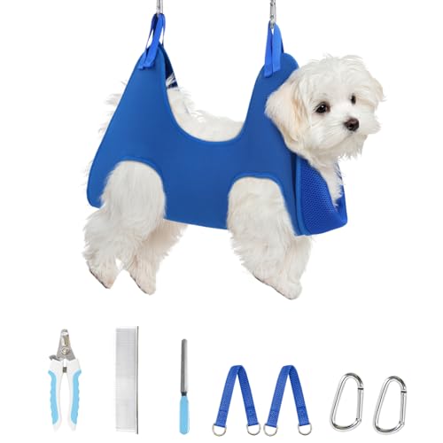 Supet Dog Grooming Hammock Harness for Dogs Cats, Relaxation Pet Nail Clipper Hammock, Restraint Dog & Small Animal Leashes Sling for Groomingk for Nail Trimming (Blue, 2XS) - color: Blue, size: 2XS（ Max 8 Lb：Leg space: 3.7"-8.7"）